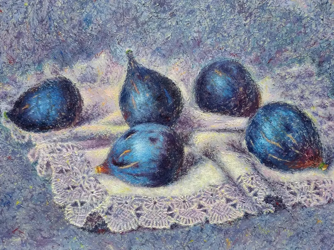 Higos sobre un paño de encaje, óleo de pincelada empastada de José Luis Acera Díaz, 2007