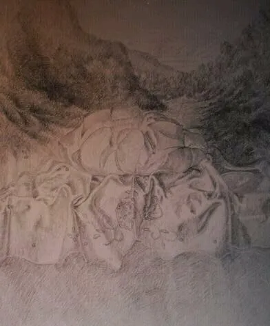 Pan en mantel y paisaje, dibujo